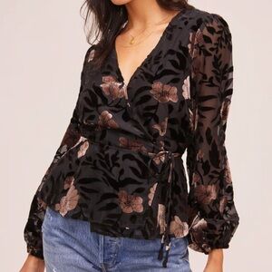 Astr Black and Brown Floral Wrap Blouse with Tie Front